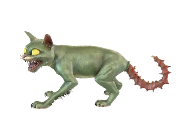 3D model for A grotesque demonic cat, seemingly normal at first glance but upon closer inspection, its short, coarse fur of a sickly greenish-gray color reveals unsettling details. Its overly wide, permanent grin exposes too many needle-like, discolored teeth, and its eyes are a disturbing, unblinking yellow. Its stubby tail has a segmented, almost insect-like texture, adding to its uncanny and subtly horrifying nature.