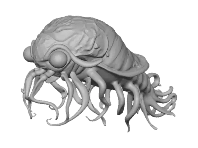 3D model for A bioluminescent deep-sea creature, vaguely resembling a jellyfish but with crystalline, multi-faceted bell. Its translucent body shimmers with pulsating neon blues and purples, composed of a flexible, gelatinous chitin. Six long, ribbon-like tendrils, edged with microscopic, razor-sharp barbs, gently undulate, each glowing with an ethereal green light, contrasting with its dark, obsidian-like eyes., #Halloween2025#