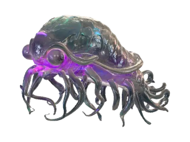 3D model for A bioluminescent deep-sea creature, vaguely resembling a jellyfish but with crystalline, multi-faceted bell. Its translucent body shimmers with pulsating neon blues and purples, composed of a flexible, gelatinous chitin. Six long, ribbon-like tendrils, edged with microscopic, razor-sharp barbs, gently undulate, each glowing with an ethereal green light, contrasting with its dark, obsidian-like eyes., #Halloween2025#