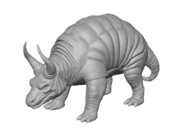 3D model for A desert nomad creature, shaped like a colossal, segmented armadillo. Its carapace is made of sun-baked, interlocking terracotta plates, scarred and weathered, ranging in color from deep ochre to pale sandy yellow. Underneath, a thick, leathery hide, resembling dried river clay, protects its soft belly. Its broad, flat claws, carved from petrified wood, allow it to dig through sandstorms., #Halloween2025#