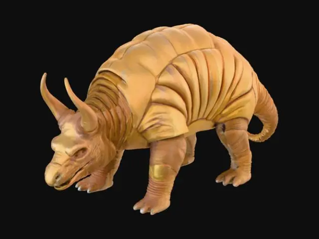 3D model for A desert nomad creature, shaped like a colossal, segmented armadillo. Its carapace is made of sun-baked, interlocking terracotta plates, scarred and weathered, ranging in color from deep ochre to pale sandy yellow. Underneath, a thick, leathery hide, resembling dried river clay, protects its soft belly. Its broad, flat claws, carved from petrified wood, allow it to dig through sandstorms., #Halloween2025#