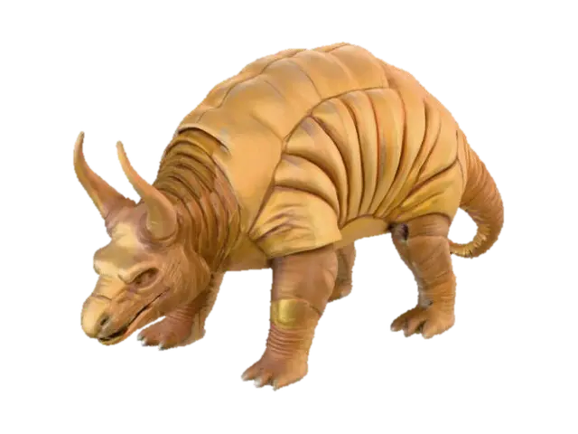 3D model for A desert nomad creature, shaped like a colossal, segmented armadillo. Its carapace is made of sun-baked, interlocking terracotta plates, scarred and weathered, ranging in color from deep ochre to pale sandy yellow. Underneath, a thick, leathery hide, resembling dried river clay, protects its soft belly. Its broad, flat claws, carved from petrified wood, allow it to dig through sandstorms., #Halloween2025#