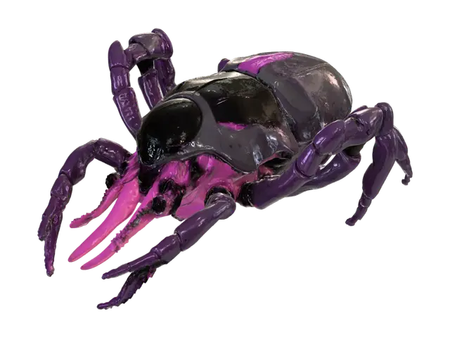 3D model for A bio-mechanical alien entity, a fusion of synthetic and organic, featuring an inverted bell-shaped carapace crafted from dark, matte grey-purple composite panels with sharp, angular edges. A central, deep black aperture hums with unseen energy. Extending from this void is a vibrant, neon-pink, multi-segmented proboscis, its robust, metallic-sheened surface articulated with visible hydraulic grooves, terminating in a sticky, luminescent tip, suggesting an advanced, predatory design.