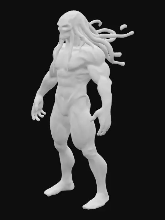 3D model for a muscular, humanoid figure that has tentacles for hair. Fins along his back. His coloring is octopus like. the figures hands and feet are webbed.