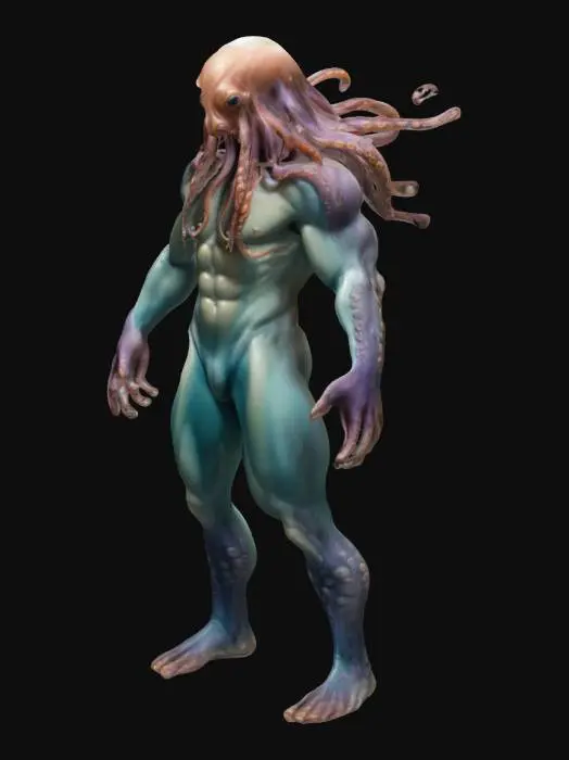 3D model for a muscular, humanoid figure that has tentacles for hair. Fins along his back. His coloring is octopus like. the figures hands and feet are webbed.