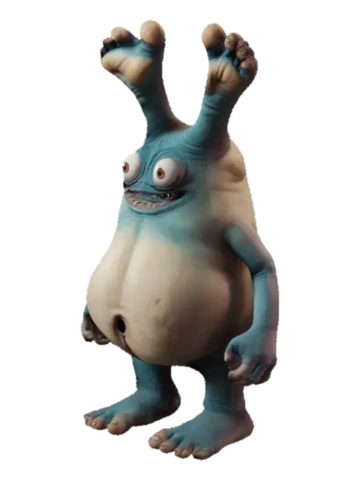 Monster made of feet. Two upside-down feet for a head ,eyes on the heels. Round… 3D model, vytvořený pomocí AI