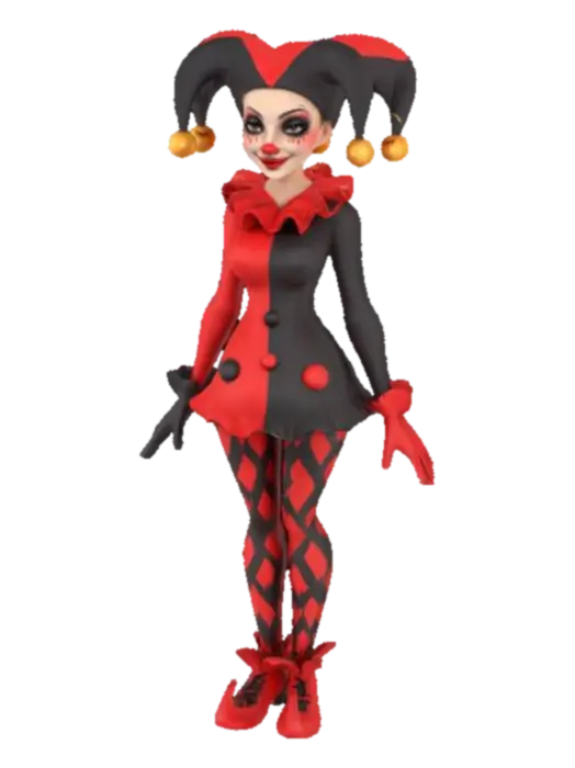 Woman jester cartoon full body red and black color scheme . Whimsical. Cute - Harlequin のAI生成3Dモデル