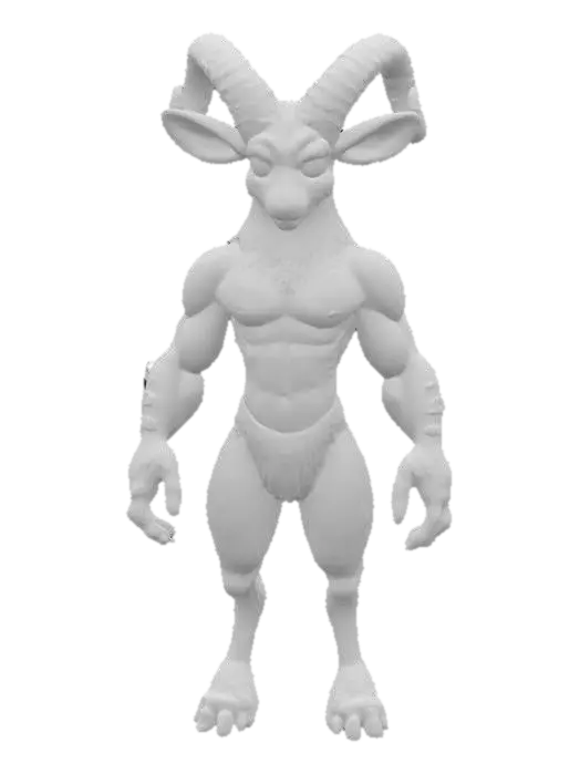 3D model for A whimsical faun, with the lean, muscular torso of a human, covered in smooth, olive-toned skin. Its lower half transforms into powerful, agile goat legs, adorned with coarse, shaggy brown fur that appears thick and earthy, ending in cloven hooves. Pointed, furry ears protrude from the sides of its head, and small, spiraled ram-like horns of a dark, polished ebony emerge from its brow, giving it a playful yet wild appearance.