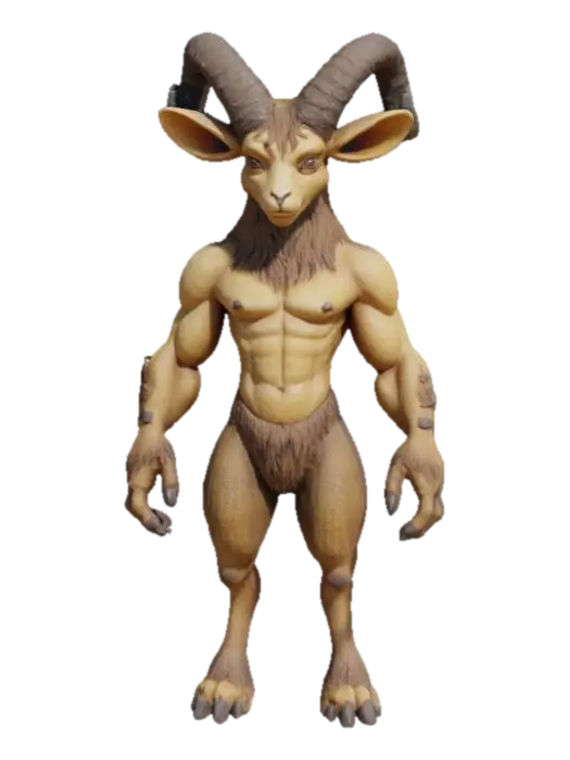 3D model for A whimsical faun, with the lean, muscular torso of a human, covered in smooth, olive-toned skin. Its lower half transforms into powerful, agile goat legs, adorned with coarse, shaggy brown fur that appears thick and earthy, ending in cloven hooves. Pointed, furry ears protrude from the sides of its head, and small, spiraled ram-like horns of a dark, polished ebony emerge from its brow, giving it a playful yet wild appearance.