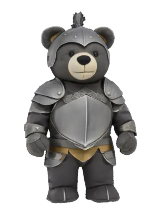 A valiant teddy bear, composed of dense, charcoal-grey plush, strikes a bold,… - Felt 3D model, vytvořený pomocí AI