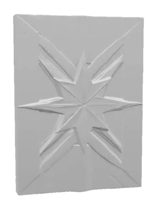 3D model for A piece of wall art crafted from warm-toned wood features an intricate arrangement of interlocking geometric shapes. The wood's surface displays a visible, tactile grain, with some areas smoothly polished and others exhibiting a subtle, natural texture. Varying shades of natural brown and amber, possibly enhanced by a clear stain, highlight the distinct planes and angles. The shapes are layered in relief, creating dynamic shadows and a three-dimensional structure that feels substantial and organic to the touch.