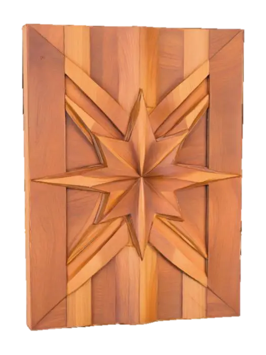 3D model for A piece of wall art crafted from warm-toned wood features an intricate arrangement of interlocking geometric shapes. The wood's surface displays a visible, tactile grain, with some areas smoothly polished and others exhibiting a subtle, natural texture. Varying shades of natural brown and amber, possibly enhanced by a clear stain, highlight the distinct planes and angles. The shapes are layered in relief, creating dynamic shadows and a three-dimensional structure that feels substantial and organic to the touch.