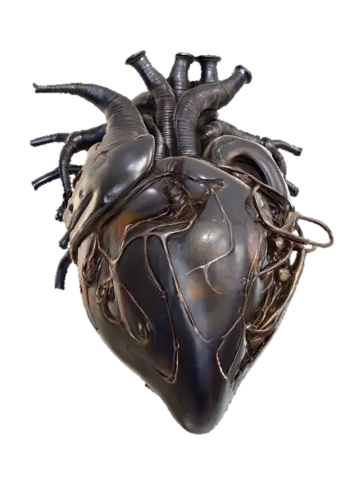 3D model for An HR Giger-inspired realistic heart, sculpted from a fusion of tarnished, dark chrome and glistening, ribbed organic tissue. Its distorted, muscular form is encased in a lattice of interwoven metallic cables and sinewy, bone-like structures, creating a chilling biomechanical aesthetic. The surface features a mix of polished, cold metal and slick, pulsating biological textures in desaturated grays, blacks, and deep venous reds, offering a disturbingly visceral and industrial tactile quality., #PBR#