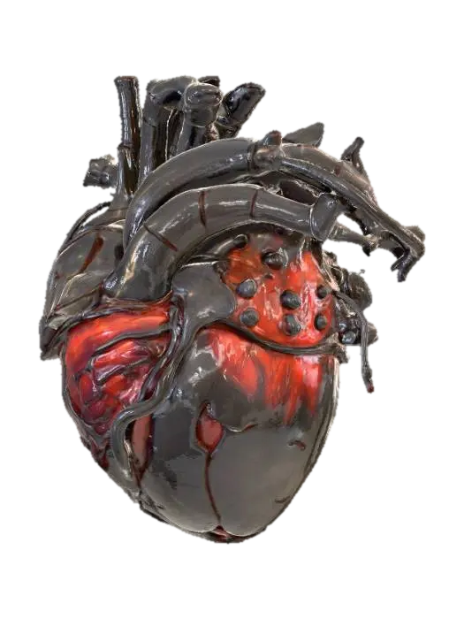 3D model for An HR Giger-inspired realistic heart, sculpted from a fusion of tarnished, dark chrome and glistening, ribbed organic tissue. Its distorted, muscular form is encased in a lattice of interwoven metallic cables and sinewy, bone-like structures, creating a chilling biomechanical aesthetic. The surface features a mix of polished, cold metal and slick, pulsating biological textures in desaturated grays, blacks, and deep venous reds, offering a disturbingly visceral and industrial tactile quality., #PBR#