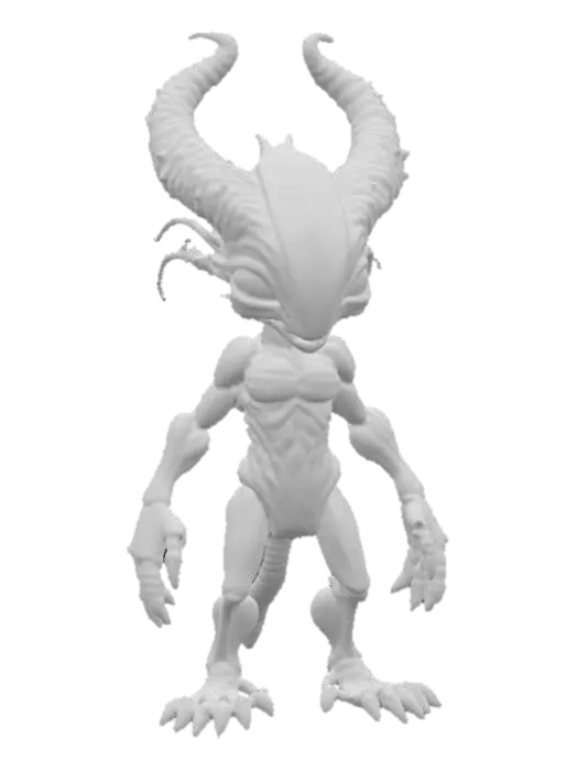 3D model for An alien creature with a lean, sinewy body, covered in iridescent, metallic-sheened skin that shifts in color from deep violet to emerald green. Its head is angular and elongated, adorned with a pair of magnificent, intricate antlers that spiral upwards, branching into crystalline structures rather than bone, with a smooth, cool-to-the-touch surface. The creature's limbs are long and multi-jointed, ending in broad, textured pads, suggesting a delicate yet agile form., #PBR#
