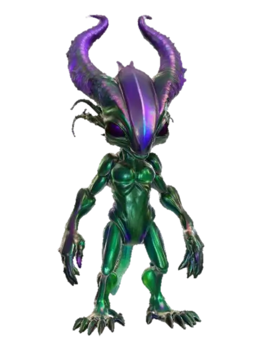 3D model for An alien creature with a lean, sinewy body, covered in iridescent, metallic-sheened skin that shifts in color from deep violet to emerald green. Its head is angular and elongated, adorned with a pair of magnificent, intricate antlers that spiral upwards, branching into crystalline structures rather than bone, with a smooth, cool-to-the-touch surface. The creature's limbs are long and multi-jointed, ending in broad, textured pads, suggesting a delicate yet agile form., #PBR#