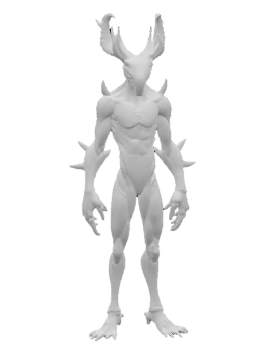 3D model for An alien creature with a lean, sinewy body, covered in iridescent, metallic-sheened skin that shifts in color from deep violet to emerald green. Its head is angular and elongated, adorned with a pair of magnificent, intricate antlers that spiral upwards, branching into crystalline structures rather than bone, with a smooth, cool-to-the-touch surface. The creature's limbs are long and multi-jointed, ending in broad, textured pads, suggesting a delicate yet agile form., #PBR#