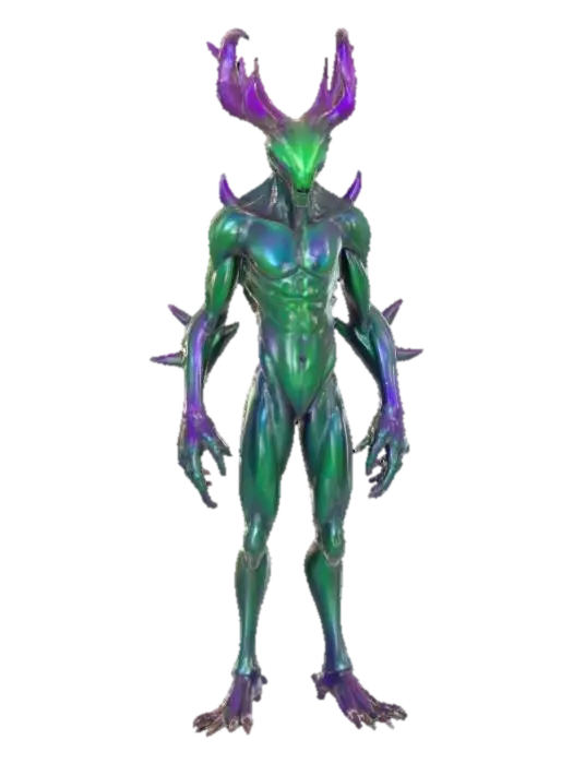 3D model for An alien creature with a lean, sinewy body, covered in iridescent, metallic-sheened skin that shifts in color from deep violet to emerald green. Its head is angular and elongated, adorned with a pair of magnificent, intricate antlers that spiral upwards, branching into crystalline structures rather than bone, with a smooth, cool-to-the-touch surface. The creature's limbs are long and multi-jointed, ending in broad, textured pads, suggesting a delicate yet agile form., #PBR#