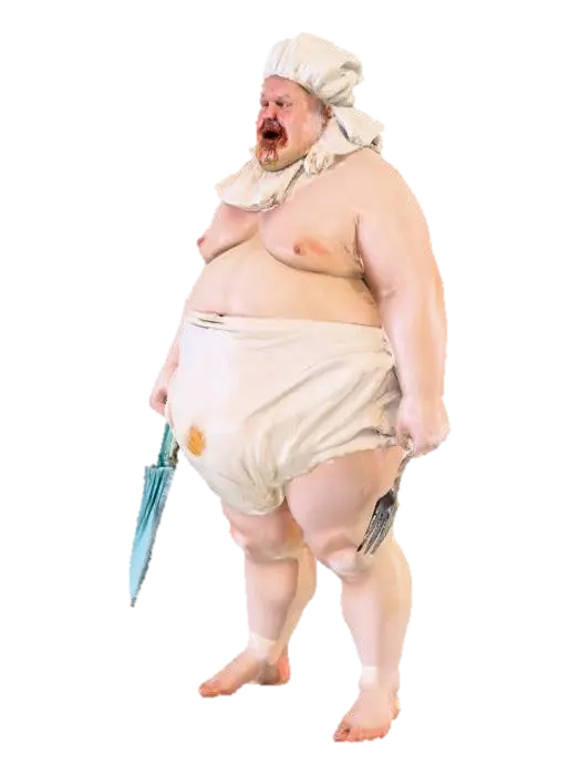 A large, rotund man with a very ample physique, his pale skin visible. He wears only… - Fork 3D model, vytvořený pomocí AI