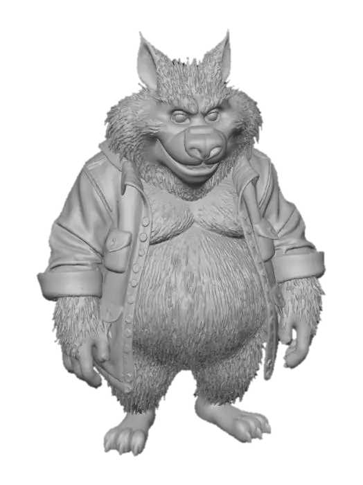 3D model for A portly, shaggy cartoon Wolf Man, his wide, round body covered in thick, matted brown and grey fur that appears coarse and slightly dishevelled. His broad, jowly face features prominent, bushy eyebrows, a rounded snout, and two small, glinting eyes, hinting at mischievousness. He wears a torn, ill-fitting green flannel shirt that barely stretches over his expansive chest, the fabric looking rough and worn, enhancing his cuddly, beastly charm., #Halloween2025#