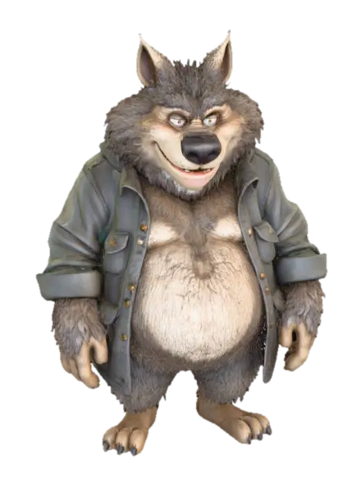 3D model for A portly, shaggy cartoon Wolf Man, his wide, round body covered in thick, matted brown and grey fur that appears coarse and slightly dishevelled. His broad, jowly face features prominent, bushy eyebrows, a rounded snout, and two small, glinting eyes, hinting at mischievousness. He wears a torn, ill-fitting green flannel shirt that barely stretches over his expansive chest, the fabric looking rough and worn, enhancing his cuddly, beastly charm., #Halloween2025#