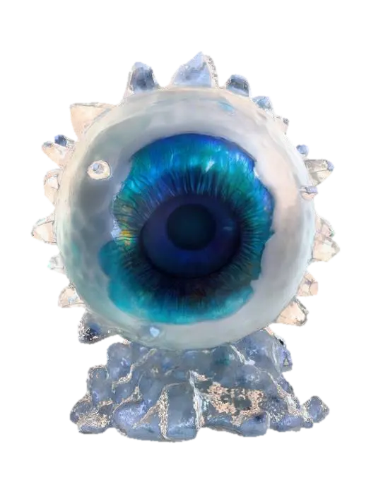 3D model for A bizarre arctic entity, resembling a colossal floating eyeball encased in jagged, iridescent ice. The sclera is a milky, opalescent white, while the iris swirls with hypnotic gradients of sapphire and turquoise, occasionally cracking to reveal deeper, darker hues. Fine, crystalline cilia extend from its surface, shimmering like microscopic diamonds, creating an aura of frozen mist around it.#Halloween2025#