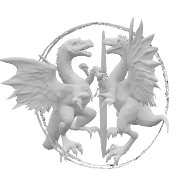 3D model for #emblem#, two velociraptor fighting medieval style