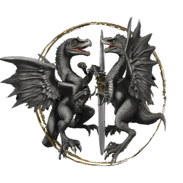 3D model for #emblem#, two velociraptor fighting medieval style