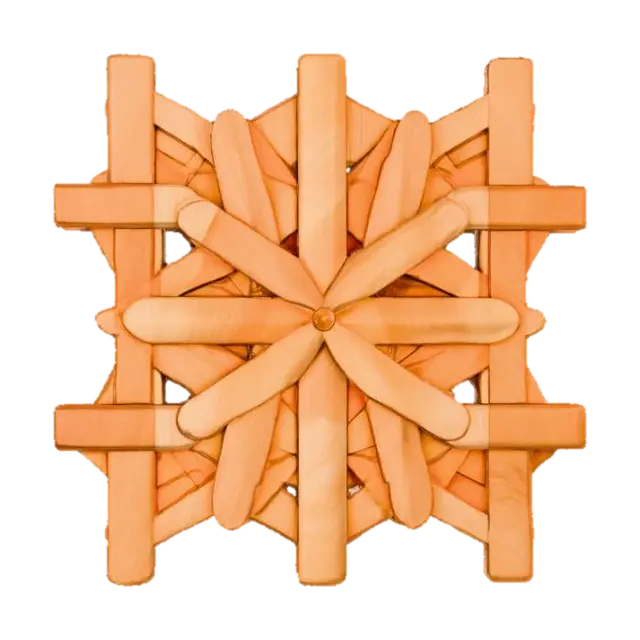 3D model for A piece of wall art crafted from warm-toned wood features an intricate arrangement of interlocking geometric shapes. The wood's surface displays a visible, tactile grain, with some areas smoothly polished and others exhibiting a subtle, natural texture. Varying shades of natural brown and amber, possibly enhanced by a clear stain, highlight the distinct planes and angles. The shapes are layered in relief, creating dynamic shadows and a three-dimensional structure that feels substantial and organic to the touch.