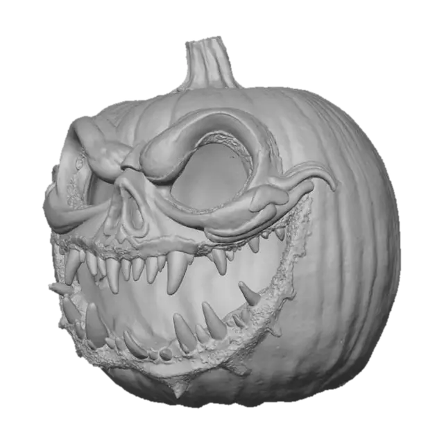 3D model for A grotesque pumpkin carving featuring a deeply caved-in face with elongated, jagged eye sockets that appear to weep black ooze. Its wide, snarling mouth is filled with irregular, pointed teeth carved from the pumpkin's flesh, giving it a decaying, organic texture. The orange skin around the features is scarred and subtly darkened, suggesting a sinister, withered appearance.