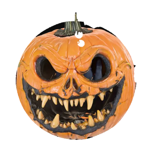 3D model for A grotesque pumpkin carving featuring a deeply caved-in face with elongated, jagged eye sockets that appear to weep black ooze. Its wide, snarling mouth is filled with irregular, pointed teeth carved from the pumpkin's flesh, giving it a decaying, organic texture. The orange skin around the features is scarred and subtly darkened, suggesting a sinister, withered appearance.