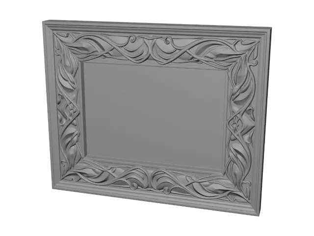 3D model for I want an A4 Picture frame that has beautiful wooden aesthetic carvings on its surface. Specifically elven and fantasy style. As if crafted by magic, smooth and beautiful. Leaf and strong wooden patterns, and very detailed.