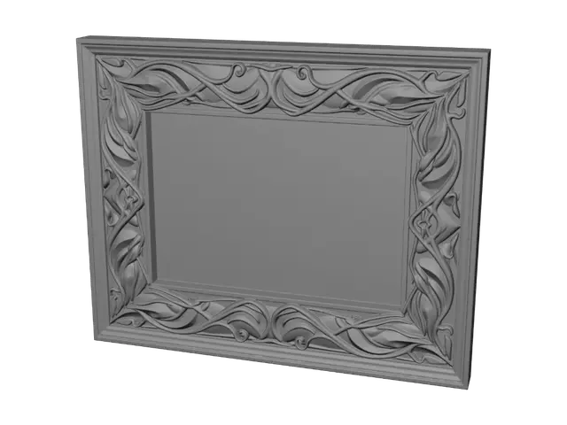 3D model for I want an A4 Picture frame that has beautiful wooden aesthetic carvings on its surface. Specifically elven and fantasy style. As if crafted by magic, smooth and beautiful. Leaf and strong wooden patterns, and very detailed.