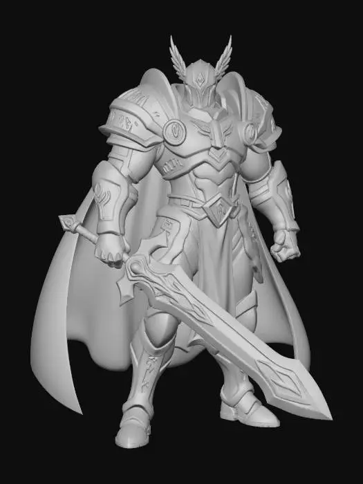 3D model for An Alluvian Gold Paladin Knight, enormous and dominant, powerful body, huge greatsword, holy aura and powers. High fantasy, anime artstyle, comic proportions, art attack, stylized, full body image