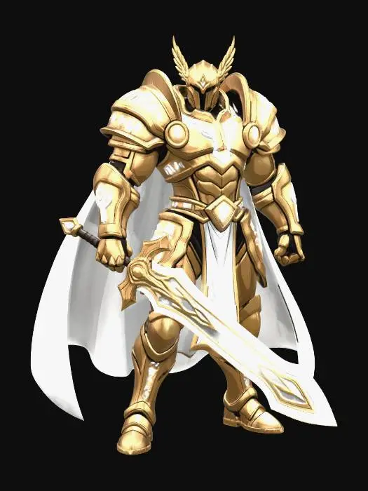 3D model for An Alluvian Gold Paladin Knight, enormous and dominant, powerful body, huge greatsword, holy aura and powers. High fantasy, anime artstyle, comic proportions, art attack, stylized, full body image