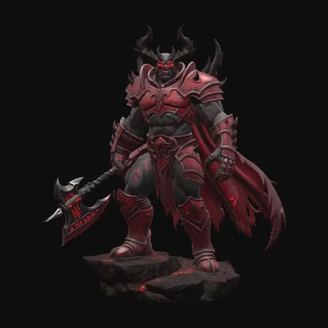 3D model for Demonic Overlord of Crimson Doom, 3d art, hyper-realistic, hell's incarnate, dark red glowing aura. Comic fantasy, exaggerated body proportions, art attack, stylized, highly detailed, full body image