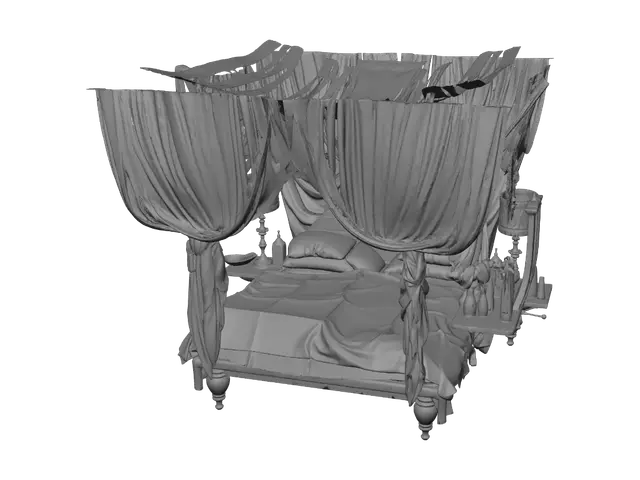 3D model for White Canopy Bed with Draped Curtains