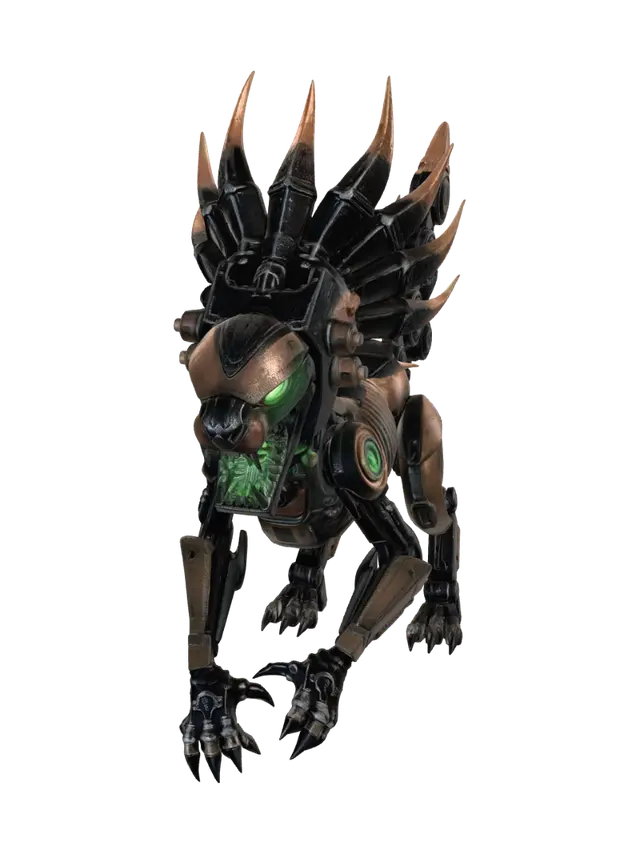 3D model for A detailed conceptual design of a powerful mechanical manticore, constructed from weathered dark metal and patinated bronze plating. The quadrupedal body has complex joints with visible pistons and gears. Its ferocious, sculpted leonine head features an open-mouthed expression and intense glowing neon-green eyes. The large, sweeping mechanical mane is accented by glowing green light channels. Rising from its back is a highly articulated, multi-segmented scorpion-like tail, culminating in a complex pincer and stinger mechanism, also emanating a bright green energy glow. The design balances raw, weathered textures with sharp, tech-infused light elements.