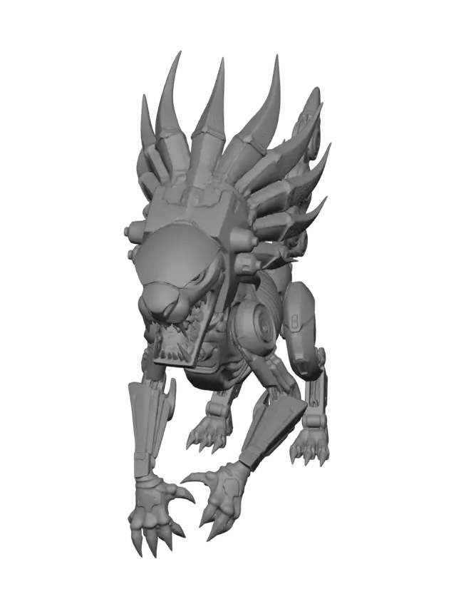 3D model for A detailed conceptual design of a powerful mechanical manticore, constructed from weathered dark metal and patinated bronze plating. The quadrupedal body has complex joints with visible pistons and gears. Its ferocious, sculpted leonine head features an open-mouthed expression and intense glowing neon-green eyes. The large, sweeping mechanical mane is accented by glowing green light channels. Rising from its back is a highly articulated, multi-segmented scorpion-like tail, culminating in a complex pincer and stinger mechanism, also emanating a bright green energy glow. The design balances raw, weathered textures with sharp, tech-infused light elements.
