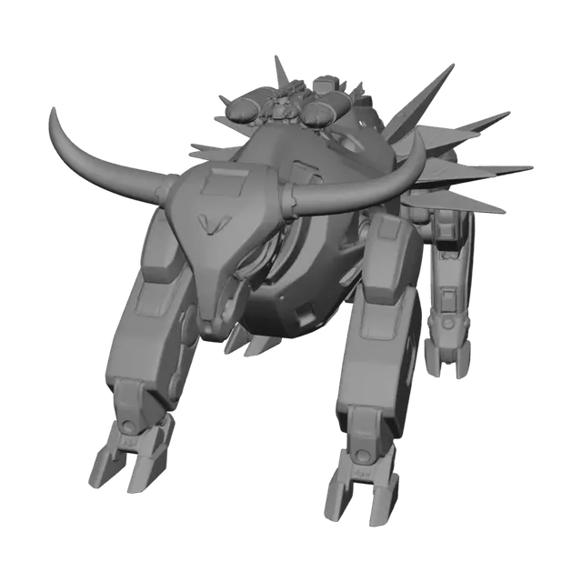 3D model for A quadrupedal mecha bull featuring white outer armor, black mechanical gaps, and glowing orange accents. It has glowing red eyes and orange-tipped horns mounted with tiny cannons. Its weaponry includes a shoulder-mounted missile pod and a gatling cannon. The rear features a cluster of four mechanical tails with sharp, black, blade-like tips. The mech stands on heavy robotic hooves equipped with rocket boosters and is finished with unit decals like "TAURUS-01" and "42"