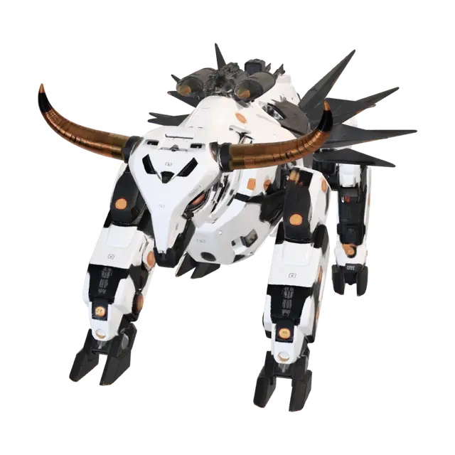 3D model for A quadrupedal mecha bull featuring white outer armor, black mechanical gaps, and glowing orange accents. It has glowing red eyes and orange-tipped horns mounted with tiny cannons. Its weaponry includes a shoulder-mounted missile pod and a gatling cannon. The rear features a cluster of four mechanical tails with sharp, black, blade-like tips. The mech stands on heavy robotic hooves equipped with rocket boosters and is finished with unit decals like "TAURUS-01" and "42"