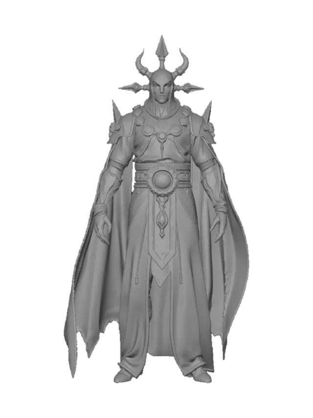 3D model for Create a unique fantasy MOBA hero for a commercial game. Name: Auronis, Keeper of Forgotten Futures. A mysterious floating entity existing across multiple timelines. Tall humanoid silhouette levitating above the ground. Head replaced by a rotating crystal core containing glowing clockwork mechanisms. Seven floating temporal rings behind the body. Dark purple and black robes with gold details. Ancient armor on shoulders, chest and arms. Left arm mechanical, right arm made of blue energy. Floating crystal shards orbiting around the character. No face, eyes or mouth. Elegant, powerful and intimidating design. Dark fantasy style. Full body, highly detailed, game-ready topology, PBR materials, neutral T-pose. Separate meshes for armor, body, rings and shards. Original design, not based on exist