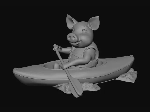3D model for A female pig in a blue lifejacket sitting in a kayak with a paddle