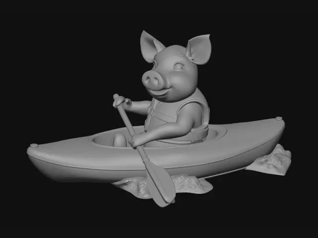 3D model for A female pig in a blue lifejacket sitting in a kayak with a paddle