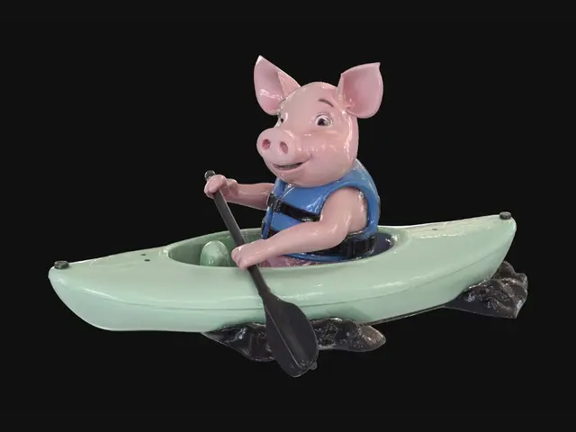 3D model for A female pig in a blue lifejacket sitting in a kayak with a paddle