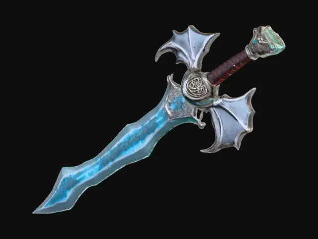 3D model for A mythical, high-fantasy sword forged from celestial metals, glowing with faint Chinese celestial letters and runes along the blade, a hilt wrapped in dragonhide leather, guarded by wings of silver, with a crystalline core running through the center, suspended in mid-air with a soft mist swirling around it, cinematic lighting, ultra-realistic detail, 8K resolution
