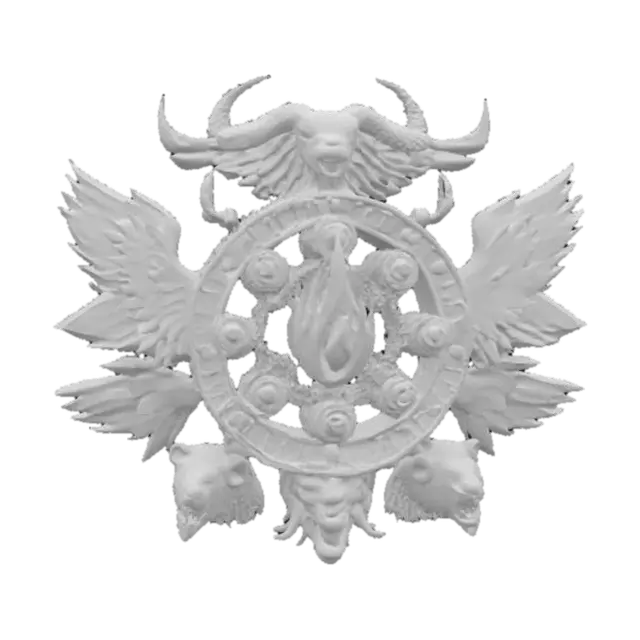 3D model for A wheel inside a wheel inside a wheel. Gyroscopic wheel formation. The wheels covered in eyes. A flame in the center. Seven feathered wings surrounding the wheels. Seven horns on the wheels. Head of a Lion Head of an ox Head of an eagle Head of a human. , #emblem#