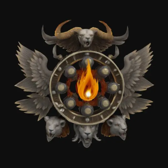 3D model for A wheel inside a wheel inside a wheel. Gyroscopic wheel formation. The wheels covered in eyes. A flame in the center. Seven feathered wings surrounding the wheels. Seven horns on the wheels. Head of a Lion Head of an ox Head of an eagle Head of a human. , #emblem#