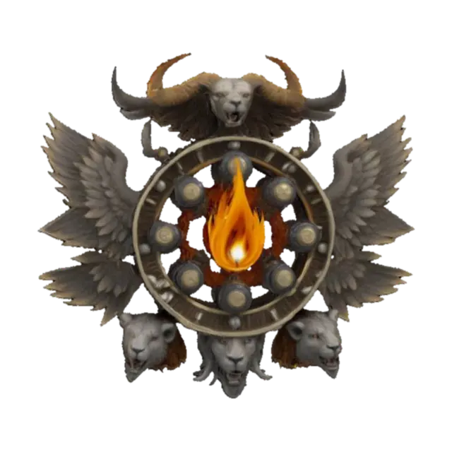 3D model for A wheel inside a wheel inside a wheel. Gyroscopic wheel formation. The wheels covered in eyes. A flame in the center. Seven feathered wings surrounding the wheels. Seven horns on the wheels. Head of a Lion Head of an ox Head of an eagle Head of a human. , #emblem#