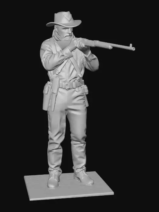 3D model for soldier of american cavarly 7th regiment 
standing and shooting with double-barrelled  carbine 
porting kepis with cavalry crossed sabers insignia on head
 suspenders left and right of the shirt
 striping on uniforme pants sidelong   bandanna around the   gorge 
at the battle of little big horn  at 1876